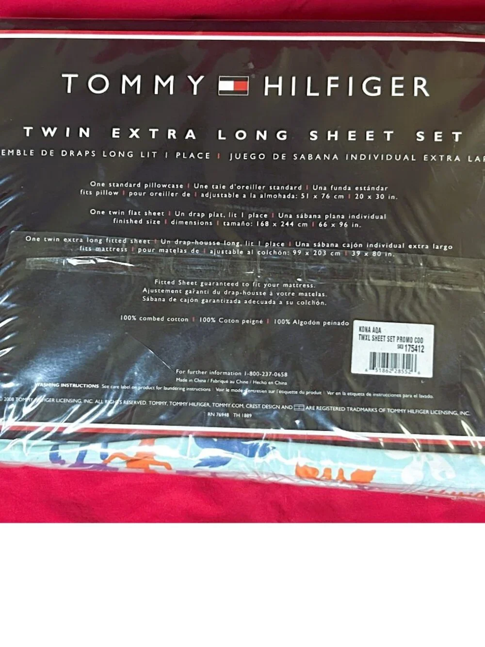 Vintage TWIN XL Combed Cotton Sheet Set~Tommy Hilfiger Kona Aqua blue Hula girl